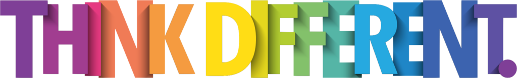 Rainbow spectrum coloured text, THINK DIFFERENT to show diversity within psychoeducation support provision